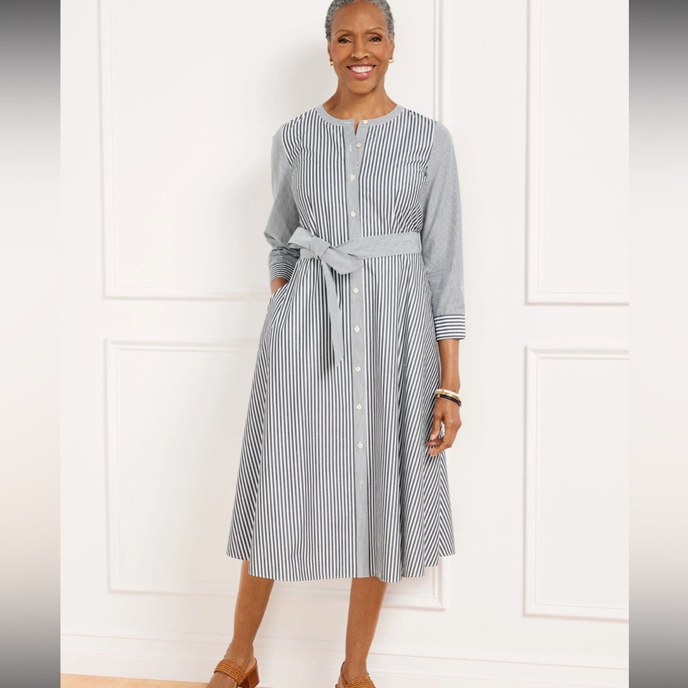 Talbots White and Grey Fit and Flare Belted Daisy Stripe Shirt Dress, Size 10